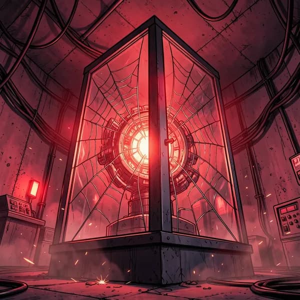 A reinforced glass containment unit holding a glowing, unstable mechanical core with spiderweb cracks spreading across the surface.