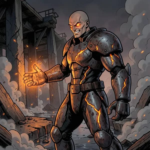 A menacing figure in heavy, industrial-grade armor with molten orange glow emanating from the cracks in the plating.