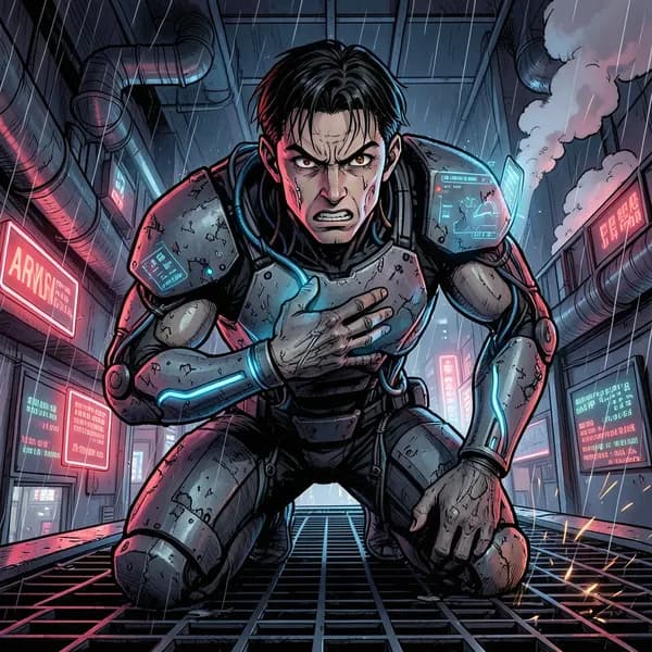 A young man in a damaged, glowing exo-suit kneels on a metal catwalk, rain falling around him in a neon-lit city.