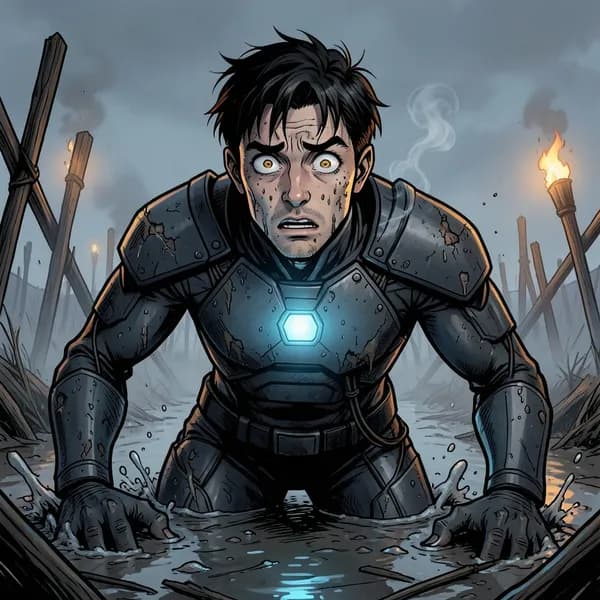 A man in a damaged futuristic suit waking up in the mud of a medieval battlefield.