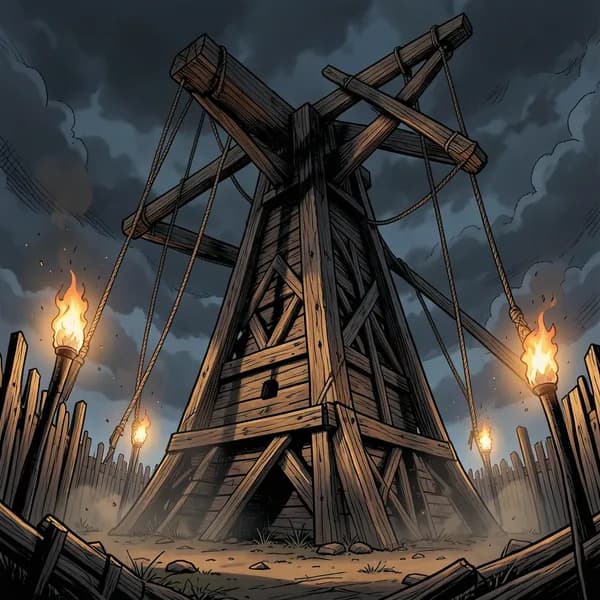 A massive, towering wooden trebuchet siege engine with taut ropes and a heavy arm winched back.