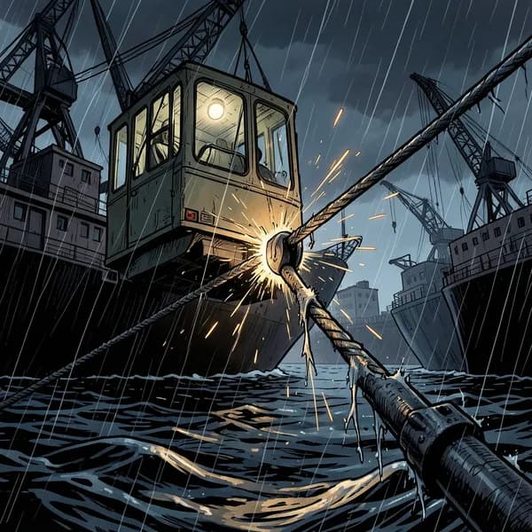 A civilian vehicle hangs precariously over dark water, held by a single fraying steel cable.