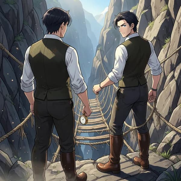 A gentleman in a Victorian waistcoat stands at the edge of a deep, jagged ravine, assessing a frayed, swaying rope bridge.