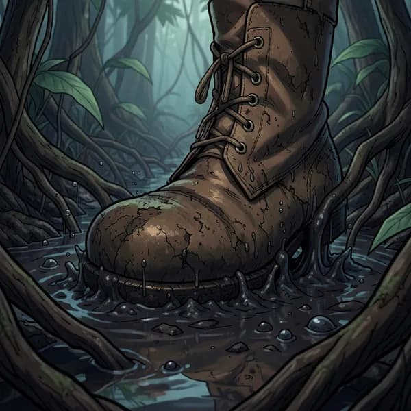 A close-up of a worn, mud-caked leather boot sinking into thick, black swamp sludge.