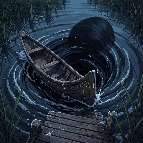 A wooden canoe rocking violently in dark water near a rotting dock.