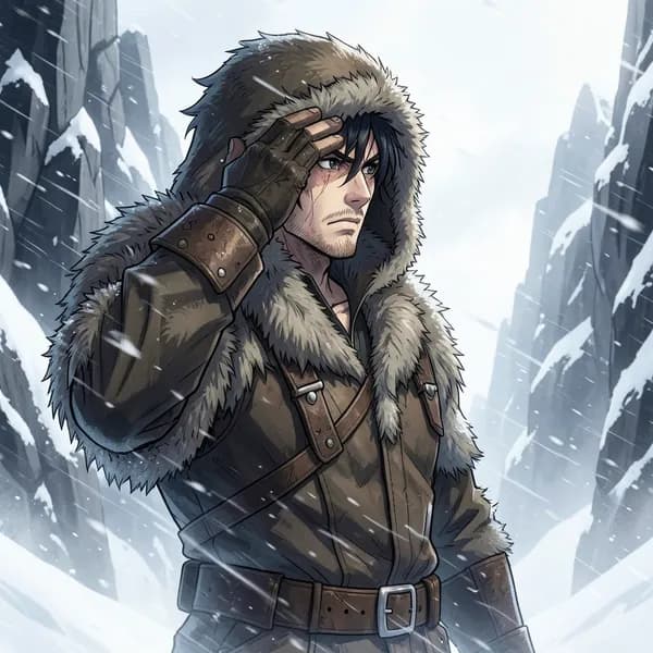 A weathered tracker in thick, layered furs stands against a blinding white-out, scanning the horizon for a path.