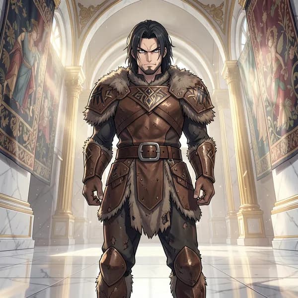A rugged warrior standing in a lavish marble hall, his worn boots leaving dust on the polished floor.
