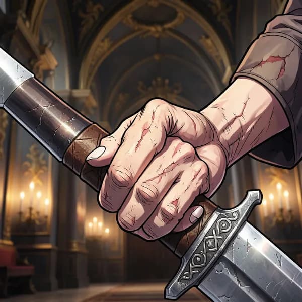 A close-up of a scarred hand gripping the hilt of a notched, heavy greatsword.