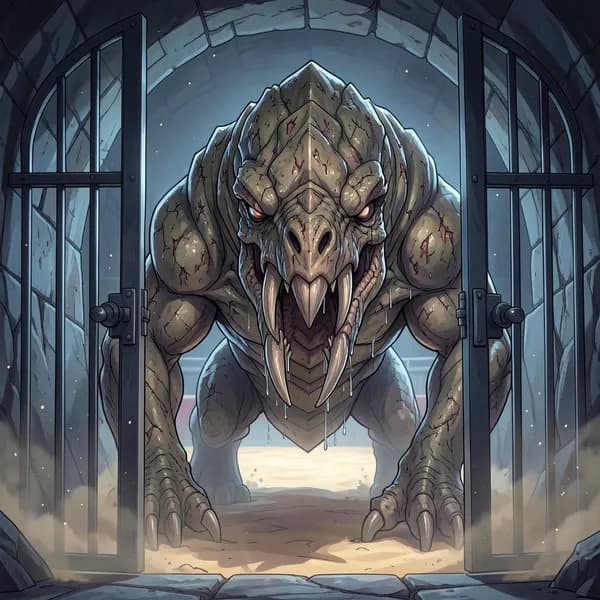 A massive, segmented chitinous beast emerging from a dark iron gate into the arena.