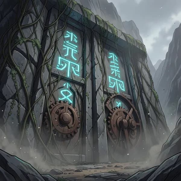 Massive basalt doors of an ancient tomb, covered in vines and glowing runes, with rusted gears embedded in the stone.