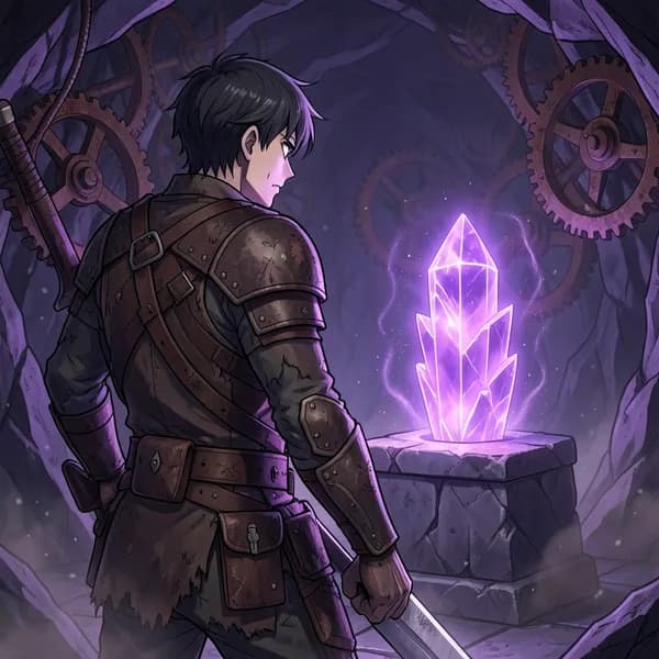A rugged male mercenary scout standing in a dark, mechanical chamber, hand on his sword, looking at a glowing crystal.