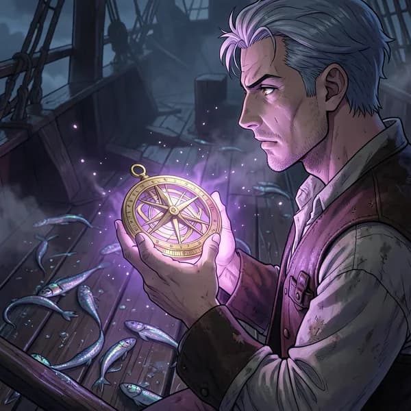 A close-up of a weathered hand holding a glowing brass astrolabe on the deck of a wrecked ship.