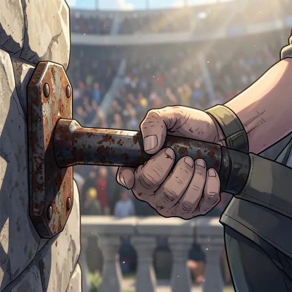 A close-up of a gloved hand gripping a heavy iron lever on a stone balcony overlooking an arena.
