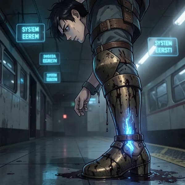 A warrior in bronze armor looks down at his glowing, glitching ankle on a dark subway platform.