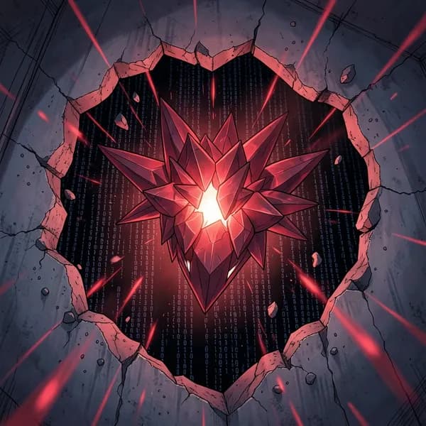 A geometric, floating entity of pure code descends through a jagged tear in a subway wall.