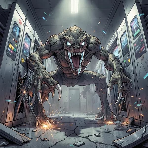 A monstrous creature with scorched asphalt skin and jagged glass teeth shredding metallic subway ticket gates.