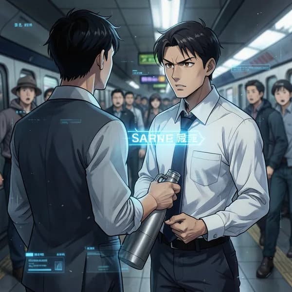 A salaryman in a rumpled suit holding a metal thermos, facing a glowing system interface.