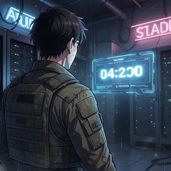 A weary hunter stands before a flickering holographic mission board in a dim industrial room.