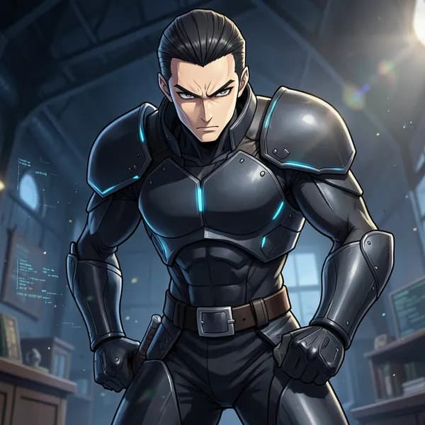 An imposing figure in obsidian armor looms forward with a hand on a sword hilt.