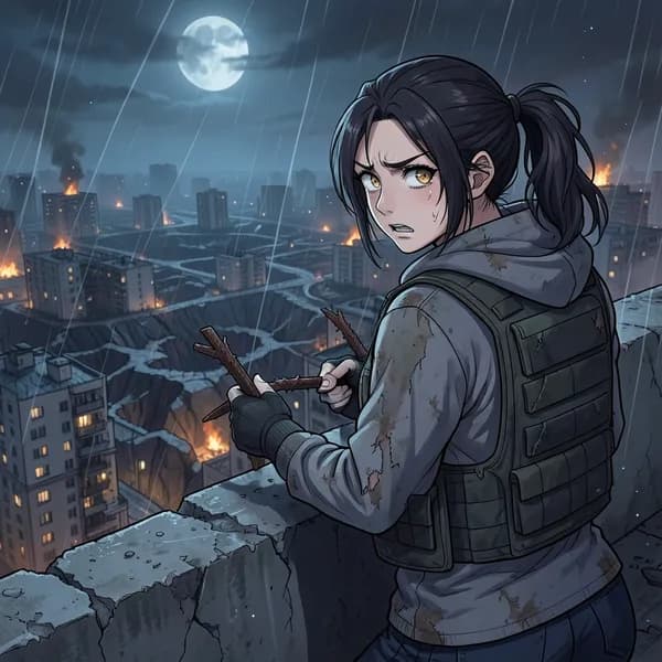 A woman with white-knuckled grip on a piece of rebar, looking out over a ruined city from a rooftop.