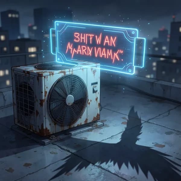 A glowing blue system interface hovering over a rusted air conditioning unit on a rooftop.
