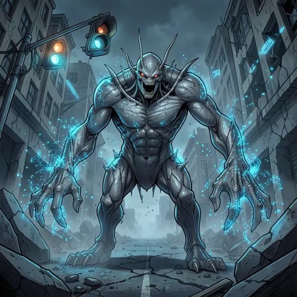 A metallic monster carcass on a ruined street with neon blue data-dust drifting into the air.