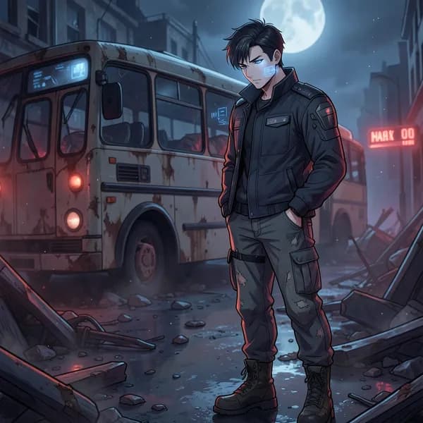 A cold, detached man standing alone in a ruined city, ignoring the carnage behind him.