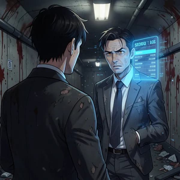 A man in a tattered business suit stares at a glowing blue holographic shop interface in a dark subway station.