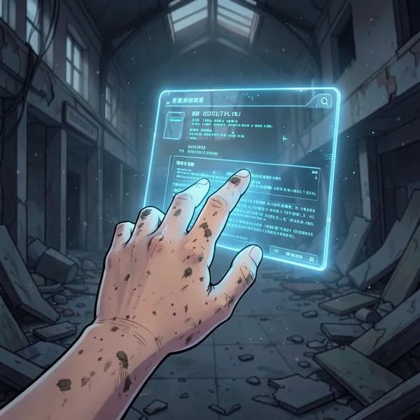 A close-up of a scavenger's hand reaching toward a glowing, translucent blue digital shop interface in a dark, ruined mall.