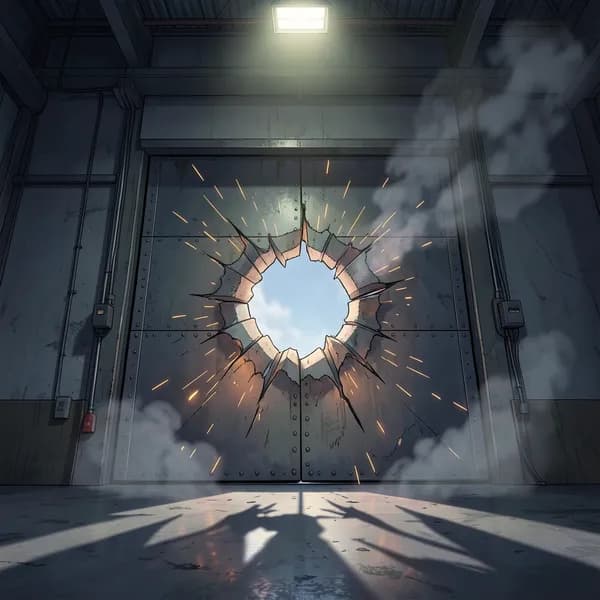 A heavy, reinforced steel loading dock door with a jagged, claw-torn puncture hole in the center.