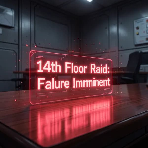 A close-up of a mahogany desk with a glowing red holographic interface displaying a critical failure warning.