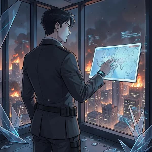 A man in a worn suit standing at a shattered window, looking out over a ruined city.