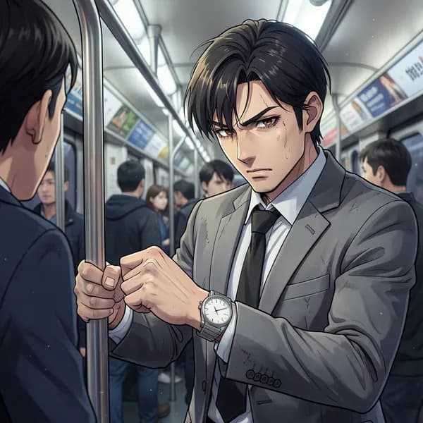 A man in a rumpled suit looking at his watch with a haunted expression in a subway car.