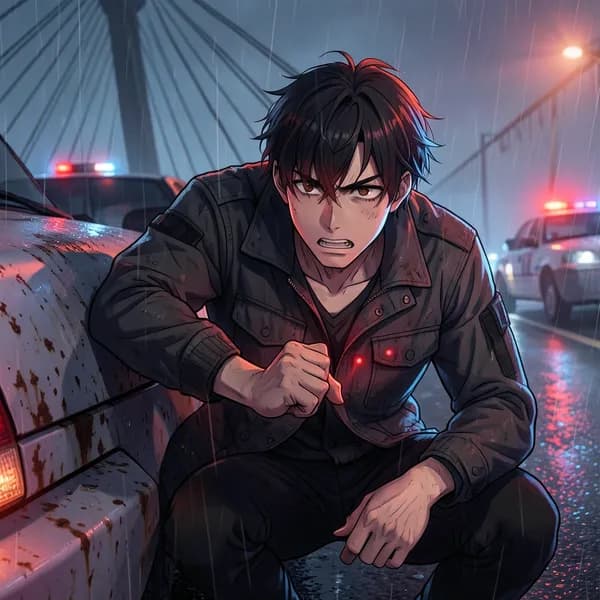A man crouching behind a rusted taxi on a bridge, illuminated by red laser sights and emergency lights.