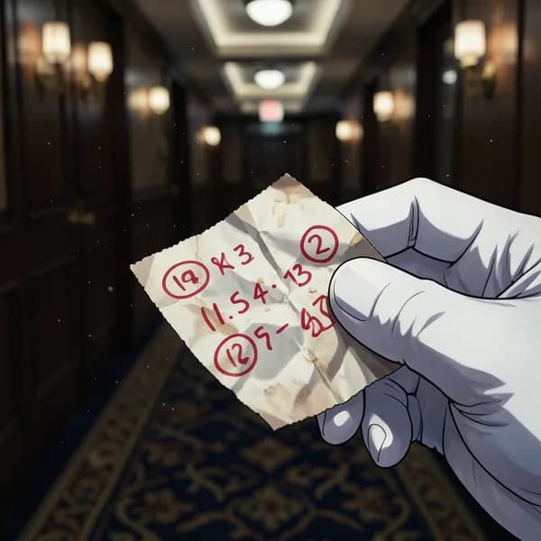 A close-up of a hand in a crisp white glove offering a crumpled cocktail napkin with red ink markings.