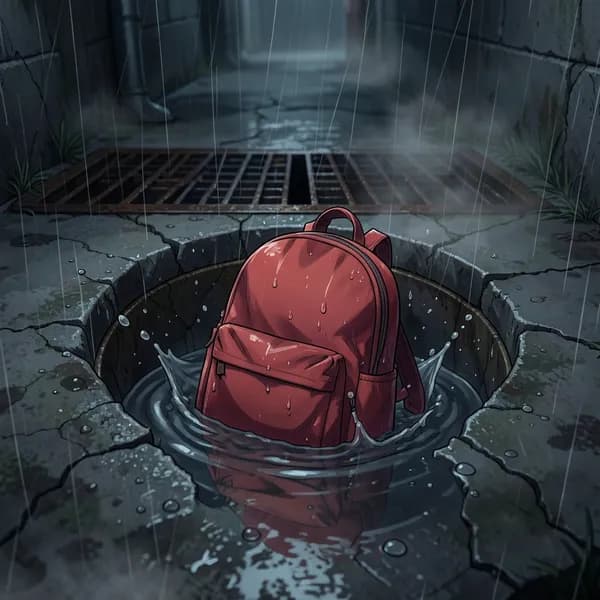 A small, vibrant red child's backpack lying in a murky, rain-filled storm drain at night.