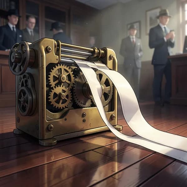 A close-up of a mechanical ticker tape machine with paper ribbon curling across a dark wooden floor.