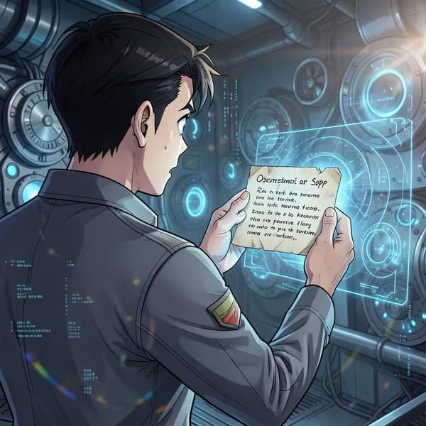 A technician holding a handwritten note in front of a glowing holographic screen.