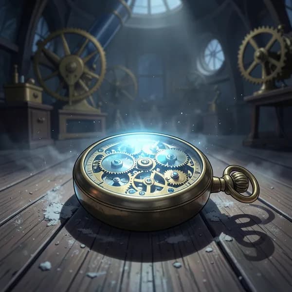 A glowing brass pocket watch lying on dusty floorboards, pulsing with blue light in a dark observatory.