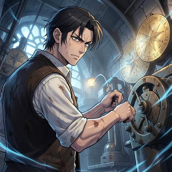 A disheveled man in a waistcoat holding a pocket knife, looking at a glowing wall in a laboratory.