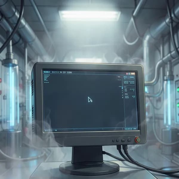 A close-up of a blinking terminal cursor in a futuristic lab, with air warping and distorting around it.