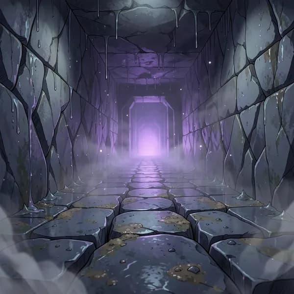 A dark, damp temple atrium with floor tiles carved into jagged, tooth-like shapes under a faint violet glow.