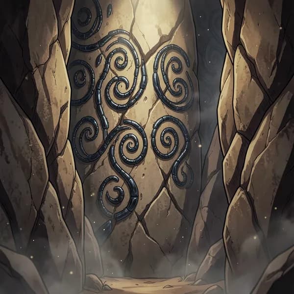 Ancient obsidian carvings spiraling across a jagged sandstone wall in a dark, narrow canyon.