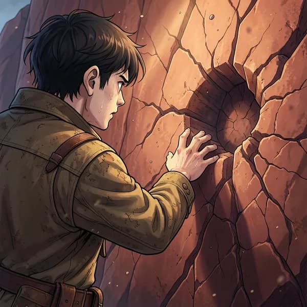 A desperate explorer reaching out to a palm-shaped indentation in a shifting, cracking rock wall.