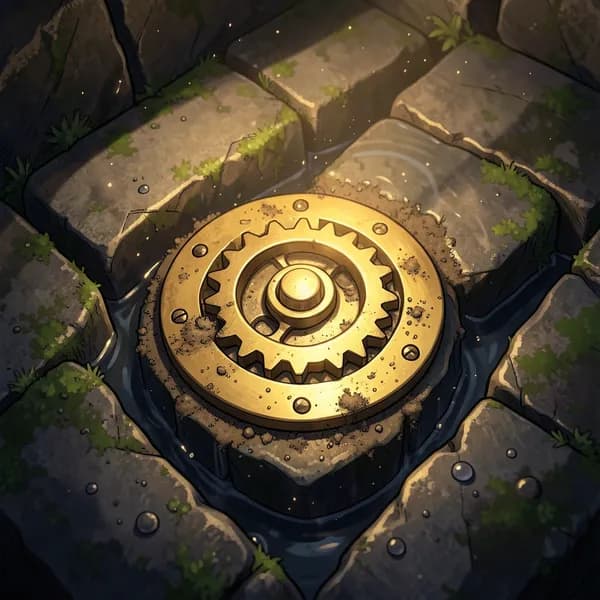 A close-up of an intricate brass floor trigger mechanism in a dark, damp stone chamber, illuminated by a flickering lantern.