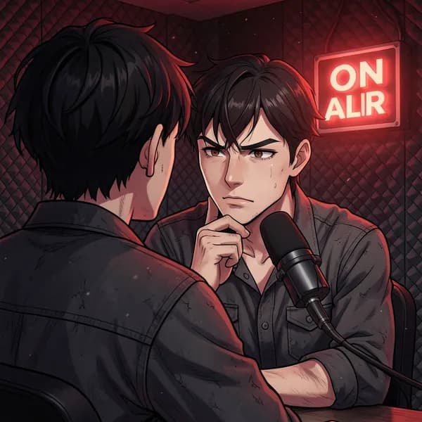 A man in a soundproof booth looking intensely at a microphone under red light.