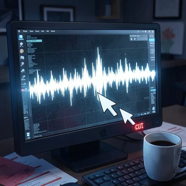 A close-up of a computer monitor showing a jagged audio waveform and a mouse hovering over a cut button.