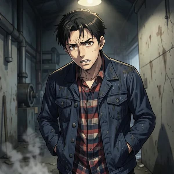 A man in a grease-stained jacket looking anxious and fearful in a dimly lit warehouse corner.