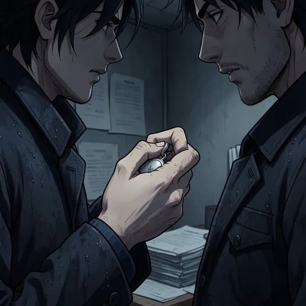 A man's hand clutching a silver locket tightly, showing grief and tension.