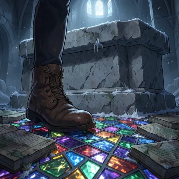 A close-up of worn leather boots stepping onto a floor covered in crushed stained glass and decaying prayer books.